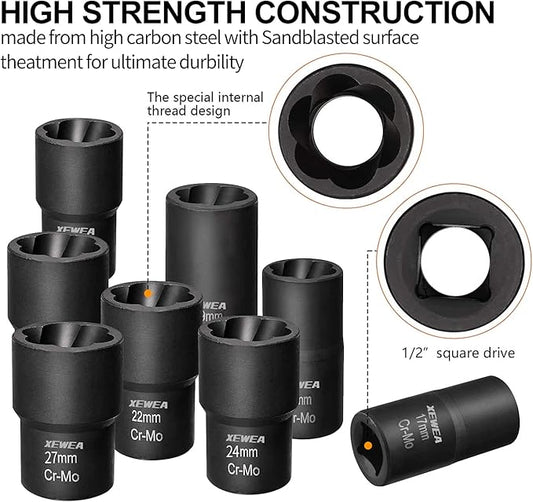 XEWEA 9PCS Lug Nut Extractor Set, 1/2" Drive Impact Bolt Remover Socket Tool, Wheel Lock Removal Kit, Easy Out Extractor Set for Damaged, Frozen, Rusted, Rounded-Off Bolts, Father's Day Gift