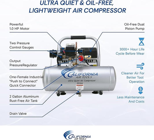 California Air Tools 2010A 1.0 HP Ultra Quiet and Oil-Free Air Compressor, 2 Gallon Aluminum Tank, 60 dBA Noise Level, Silver