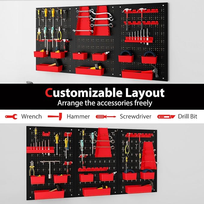 Goplus Pegboard Wall Organizer, 9-Bin Parts Rack Organizer w/Hammer Racks, Tool Holders & Hooks, Heavy-Duty Utility Tool Storage Board w/Accessories for Garage, Workshop, Craft Room