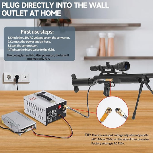 PCP Air Compressor, 4500 psi / 30 MPa PCP Airgun Compressor, 12V DC / 120V AC Power Manual Shut-off, Built-in Converter and Fan Cooling System Suitable for Paintball, Scuba Tank Compressor