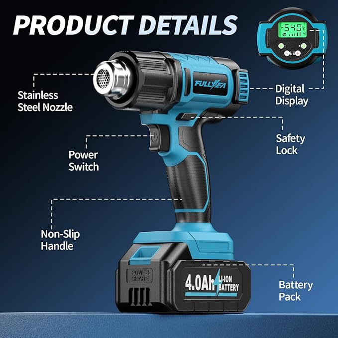 FULLYEA Cordless Heat Gun, 140℉-1004℉ Fast Heating, Hot Air Gun with Digital LCD Display, Portable Heat Guns with 2 * 4.0Ah Batteries & Charger, Handheld Heating Gun Kit for Shrink Tubing, Crafting