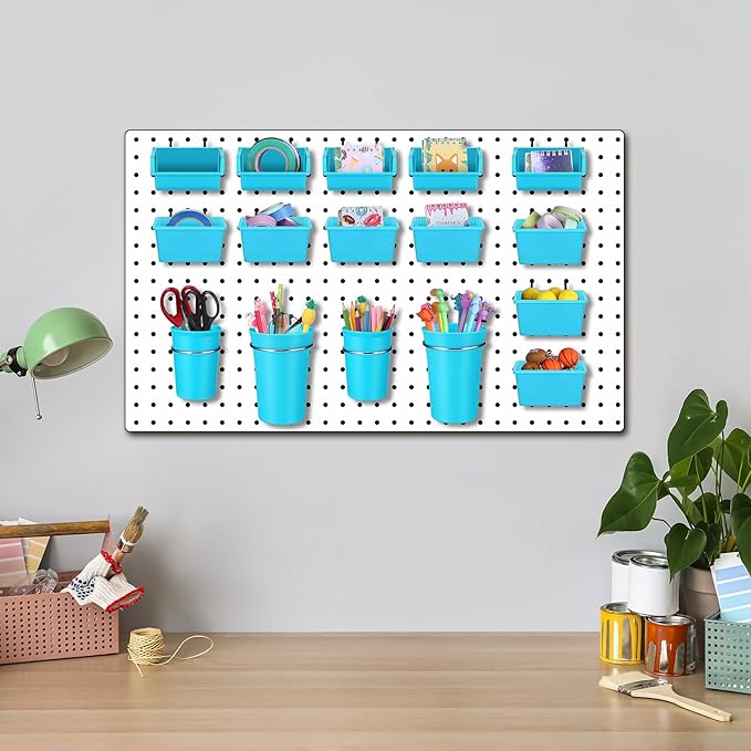 Sieral 64 Pieces Pegboard Bins Pegboard Cups with Hooks and Loops Peg Hooks Assortment Organizer Accessory for Organizing Accessories Tools Storage Office Workshop Garage Workbench (Blue)
