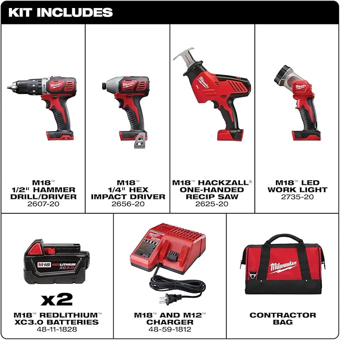 Milwaukee 2695-24 M18 18V Cordless Power Tool Combo Kit with Hammer Drill, Impact Driver, Reciprocating Saw, and Work Light (2 Batteries, Charger, and Tool Case Included)
