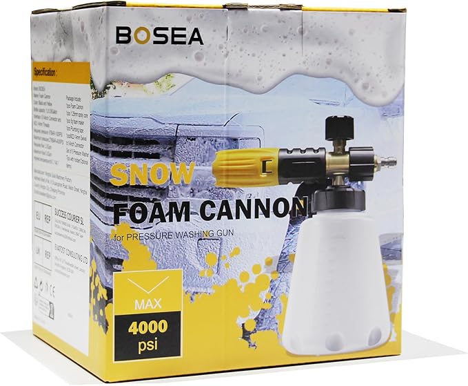 BOSEA Foam Cannon for Pressure Washer - 4000PSI Adjustable Car Soap Dispenser for Pressure Washer - Heavy Duty Foam Sprayer with M22 and 1/4" Quick Connector, 1L Bottle