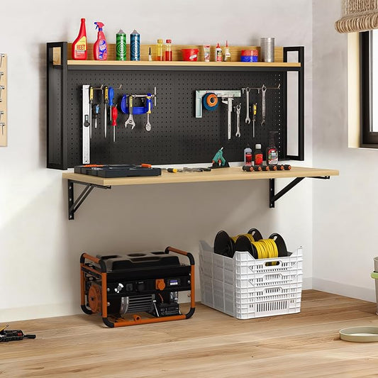 50” Heavy Duty Wall Mount Folding Workbench, 600LBS Garage Chipboard Workbench Table with Shelf & Power Tool Dock, Space Saving Collapsible Steel Frame for Workshop, Kitchen, Laundry Room
