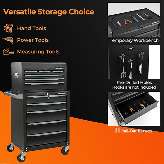 Goplus Rolling Steel Tool Chest, 11-Drawer Heavy-Duty Tool Storage Cabinet with Hanging Holes, Central Keyed Locking System, Ball-Bearing Slides & Lockable Wheels, Tool Box Organizer for Garage