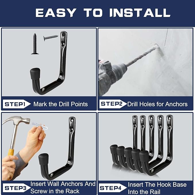 Dreecy 10 Pack Garage Storage J Utility Hooks, Heavy Duty J Utility Hooks Hangers for Garage Wall Hanging Garden Tools, Ladder, Bike, Hose, Black