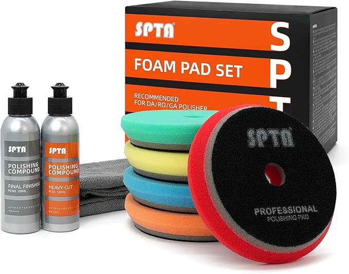 SPTA HD Buffing Polishing Pads, 5 Inch Orbital Buffer Pads Hook and Loop Buffing Pads, Foam Polish Pad 5 Grits from Coarse to Fine for 5 Inch DA Rotary Polisher Compounding, Polishing and Waxing