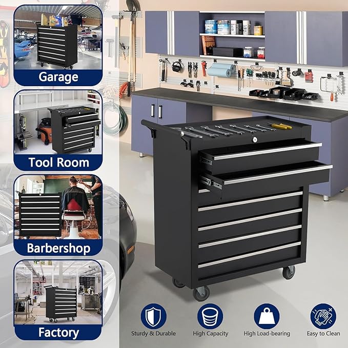 IDEALHOUSE Rolling Tool Chest, 7 Drawers Tool Storage Cabinet, Toolbox with Wheels, Portable Tool Cabinet Organizer with Locking System & Drawer Liners, Tool Storage Cart for Garage, Workshop, Black