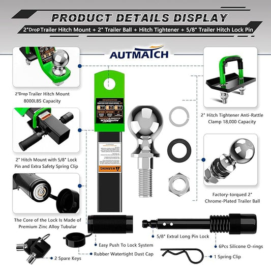 AUTMATCH Trailer Hitch Ball Mount with 2 Inch Hitch Ball - Fits 2" Receiver with Hitch Tightener, 8000Lbs Capacity Ball Hitch, 2-Inch Drop with 5/8" Hitch Lock Pin, Green & Black