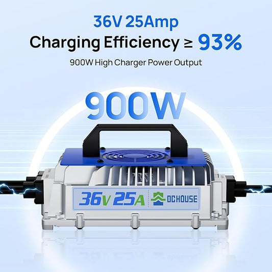 DC HOUSE 36V 25A Lithium Battery Charger, 900W Fast Charger, Charging Efficiency ≥ 93%, Waterproof Anti-Fall with Cooling Fan, Suitable for 36V Golf Cart,Trolling Motor, Forklift LiFePO4 Battery