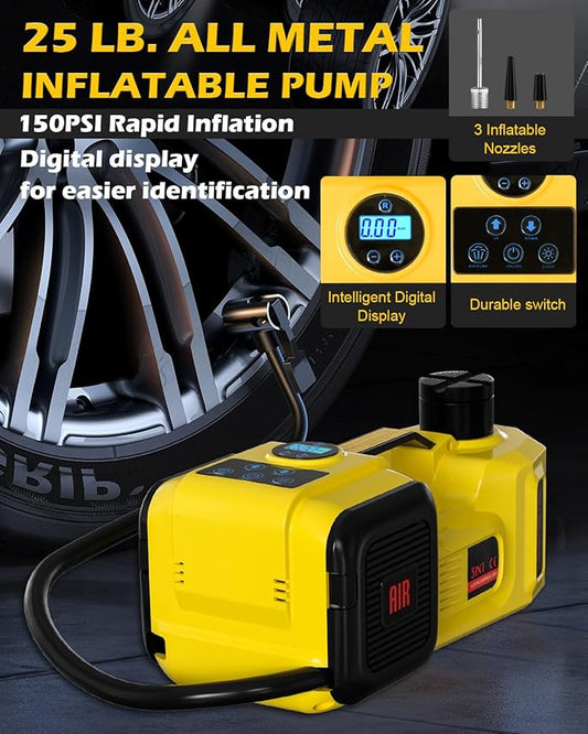 Electric Car Jack, 5 Ton 12V Digital Display Electric Jack for Car with E-Impact Wrench, Tire Inflator Pump and LED Light, (Lifting Range: 6.1~17.7 Inch) for Sedan, SUV, Truck Tire Change Replacement