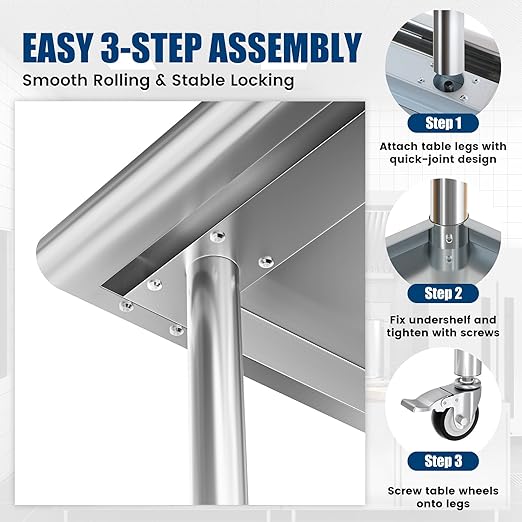 Stainless Steel Work Table with Wheels, 24x24 Inch NSF Food Prep Worktable with Backsplash & Adjustable Undershelf for Commercial Kitchen, Restaurant, Garage, Outdoor BBQ