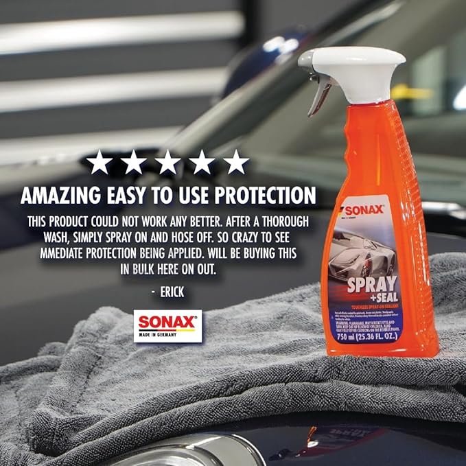 SONAX Spray + Seal 243400 | Quick and Easy Spray On Sealant for Instant Shine and Hydrophobic Protection | Enhances Paint Glass & Plastic Surface | Safe for All Finishes | Long-Lasting Results | 750ml