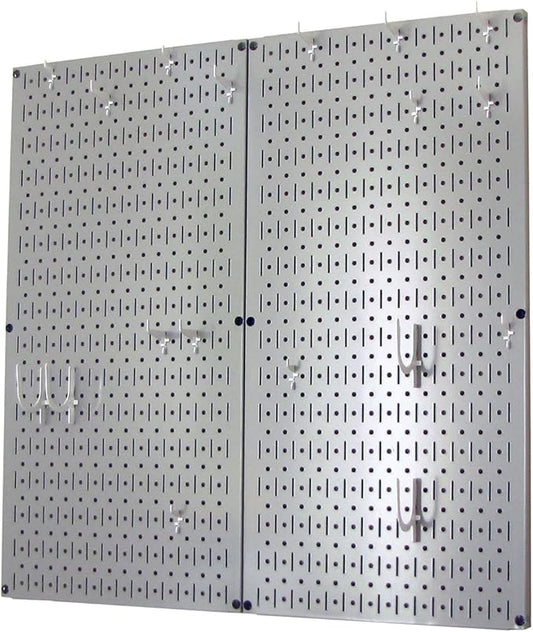 Wall Control Kitchen Pegboard Organizer Pots and Pans Storage Rack Organization Kit with Grey Pegboard and White Accessories
