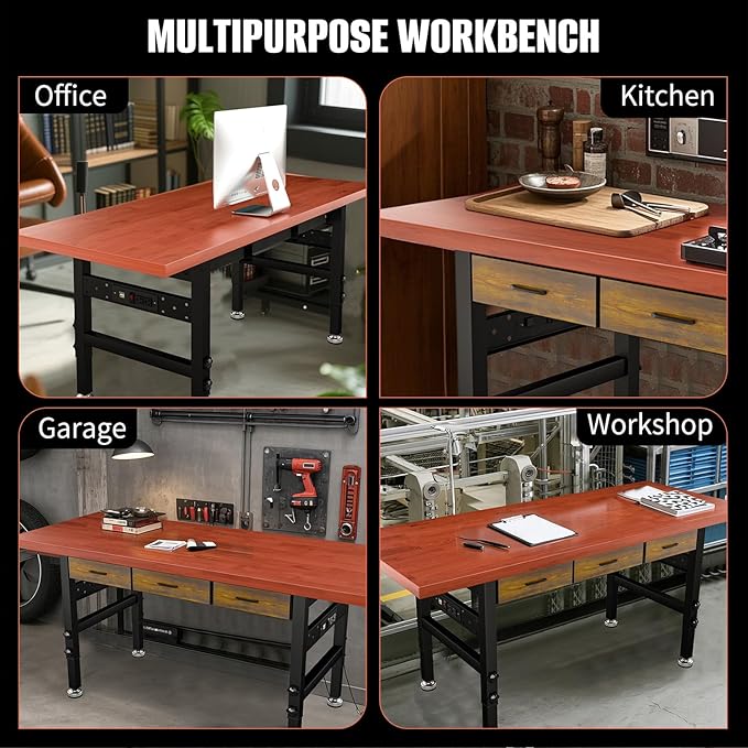60in Adjustable Height Workbench Desk with Drawers,Power Outlets, Rubber Wood Top Heavy-Duty Work Table, 2000 LBS Load Capacity Work Station for Garage, Workshop, Office, Home