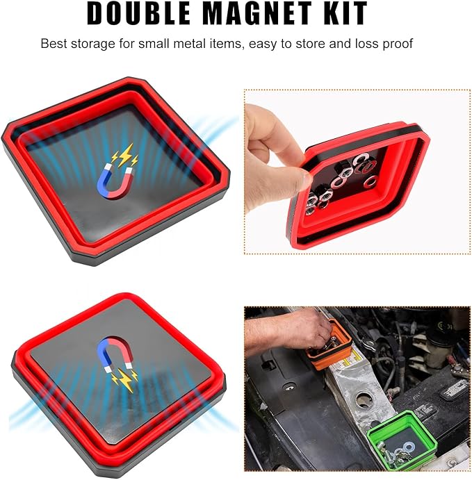2 PCS Collapsible Magnetic Parts Tray, 4.5 Inch Foldable Magnetic Square Silicone Tray, Tool Tray Set with Double-Sided Magnetic Base for Screw Bolts Nuts Pins, Car Accessories (Orange+Red)