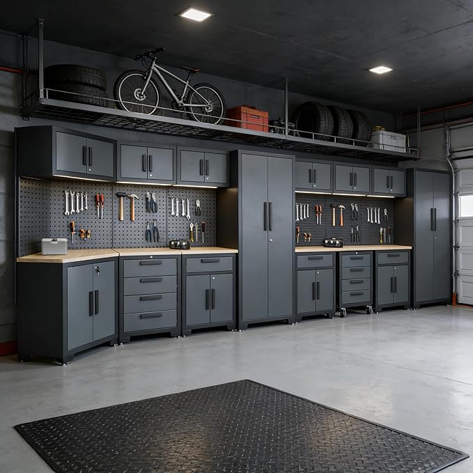 Garage Cabinets and Storage System, 17PCS Garage Storage Cabinet System Corner Workshop Set with Corner Cabinet, Cabinet Drawers, Workbench, Pegboard for Tool Organization, Black Grey