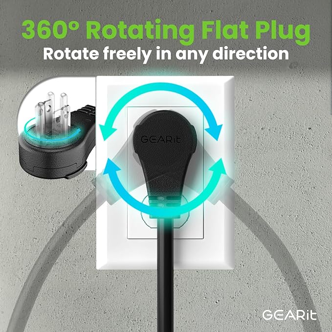 GEARit 25 Ft Extension Cords 16/3 Gauge 360° Rotating Plug Outdoor/Indoor SJTW 16 AWG 3 Prong Heavy Duty Power Cable 13A 125V 1625W for Lawn, Garden, Appliances Black