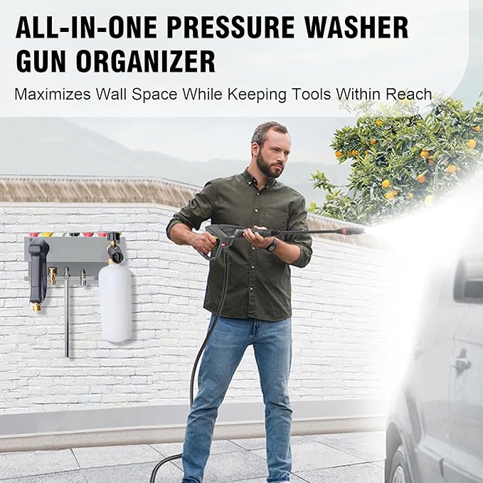 Pressure Washer Gun Holder, Wall Mounted Foam Cannon & Car Wash Accessories Storage Rack for Wand Extension and Nozzle Tips, Fits 1/4" Quick Connector, Gray