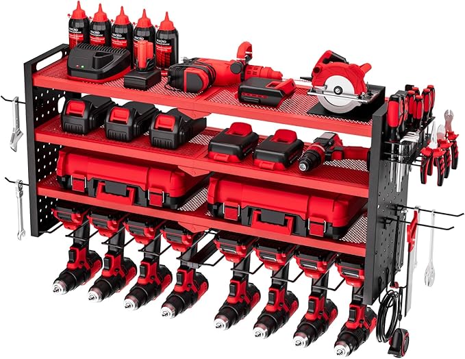 VEVOR Power Tool Organizer Wall Mount, 4-Layer Storage Rack with 8 Drill Holders, Tools Holder and Storage Rack with Side Pegboards, Garage Tool Organizer for Garage, Workbench, and Workshop