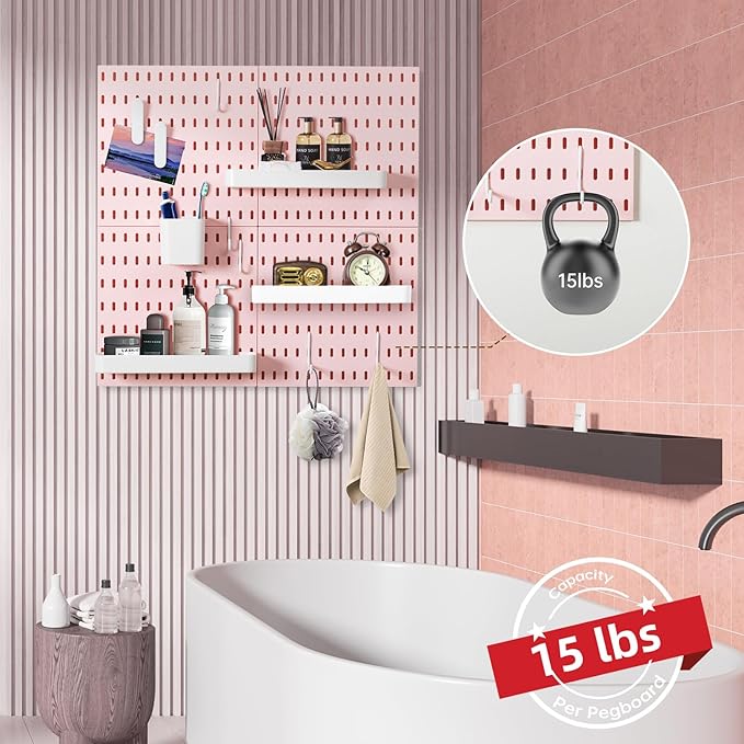 VUSIGN Pegboard Combination Wall Organizer Kit, 4 Pieces Pegboards and 17 Accessories Modular Hanging, Wall Mount Display Peg Board Panel Kits for Bedroom, Home, Office, Bathroom, 22" x 22", Pink