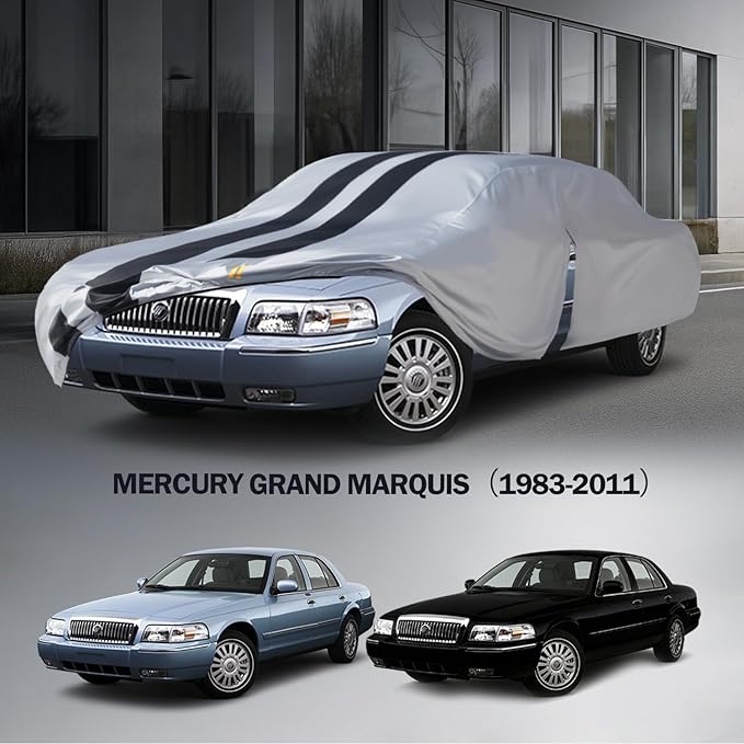 Multi-Layer Car Cover Custom Fit for Mercury(Grand) Marqui(1983-2011), 100% Waterproof All Weather for Automobiles, Gift with Towel, Heavy Duty Car Covers for Rain Sun UV Protection with Door Zipper.