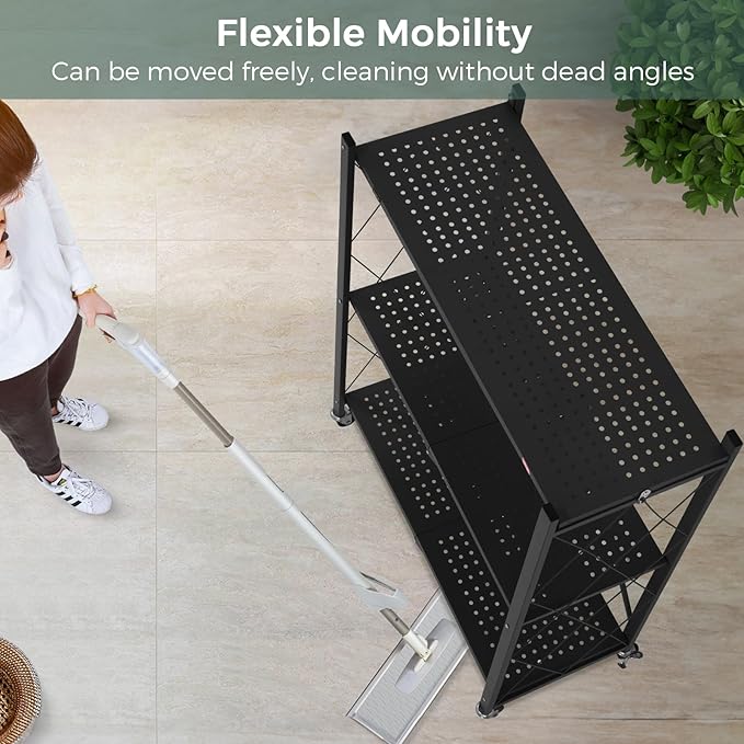 DEANIC 3 Tier Foldable Storage Shelves with Wheels, Kitchen Appliance Stand, Freestanding Metal Wire Shelf Rack, No Assembly Organizer Rolling Cart for Garage, Basement, Pantry(Black Pack of 2)