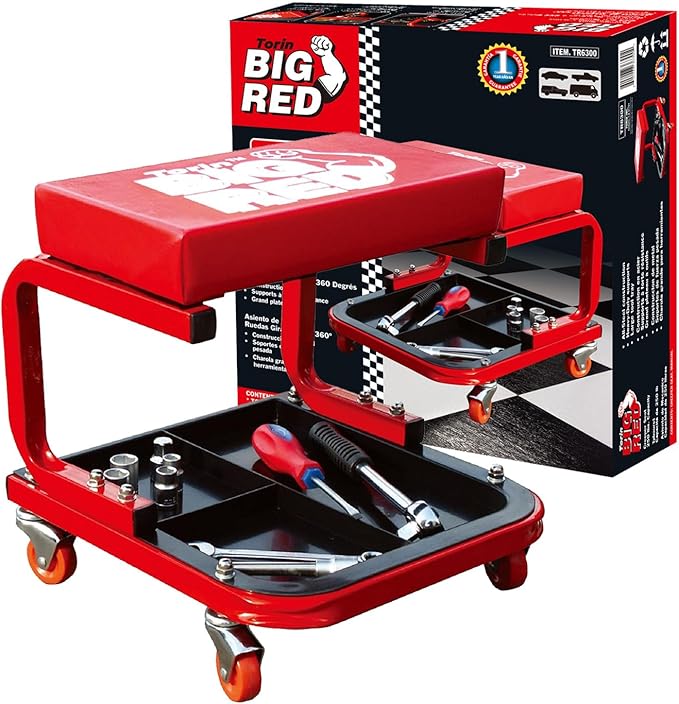 Big RED Torin 260lbs Red Rolling Automotive Creeper Garage/Shop Seat: Padded Mechanic Stool with Tool Large Tray for garages, Repair Shops