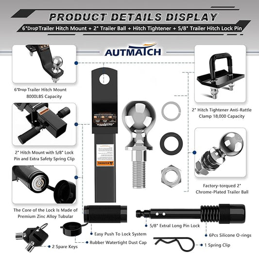 AUTMATCH Trailer Hitch Ball Mount with 2 Inch Hitch Ball - Fits 2" Receiver with Hitch Tightener, 8000Lbs Capacity Ball Hitch, 6-Inch Drop with 5/8" Hitch Lock Pin, Black