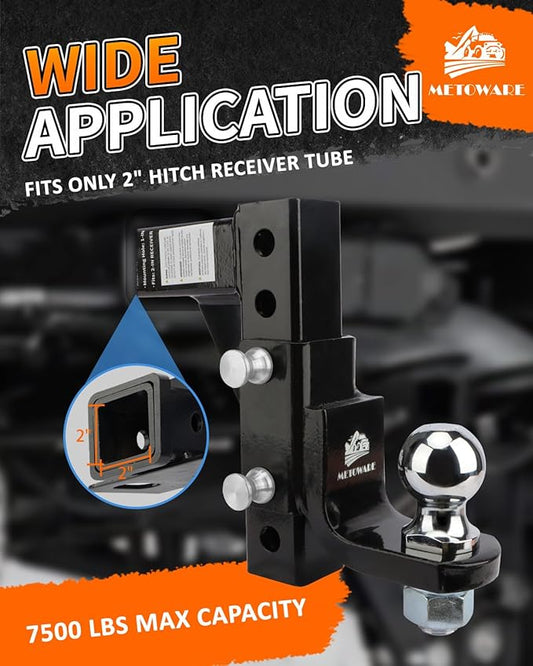 METOWARE Adjustable Trailer Hitch Ball Mount, 2" Towing Ball 7500 LBS, Fits 2-Inch Receiver, 6-Position Heavy Duty Tow Hitch with Pins and Trailer Hitch Lock