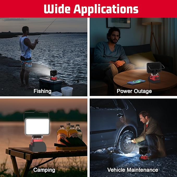 7200LM LED Work Light Compatible with Milwaukee 18V Battery, 72W Cordless Floodlight with 2 USB, 1 Type-C Port, Upgraded LED Light Low Voltage Protection Outdoor Lighting Adjustable 140°