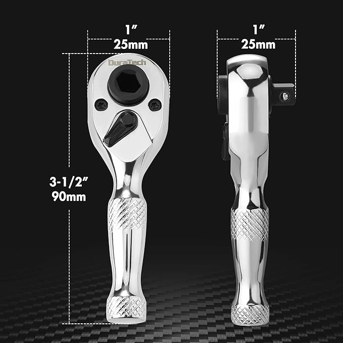 DURATECH 1/4-Inch Stubby Ratchet Wrench, Socket&Bit Driver, 72-Tooth, Chrome Alloy Made, Chrome Plated Finish