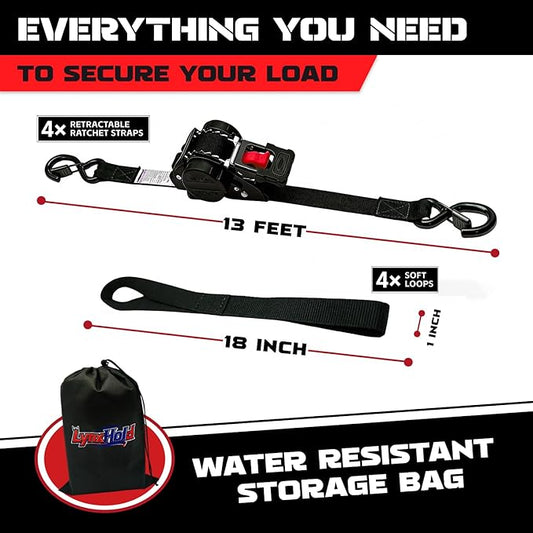 Retractable Ratchet Straps (2-Pack) - Heavy Duty Auto Slow Retraction Tie Down Straps - 1 Inch x 13 Feet (1,800lb Break Strength) for Truck, Cargo Trailer, Motorcycle, ATV, UTV - Black