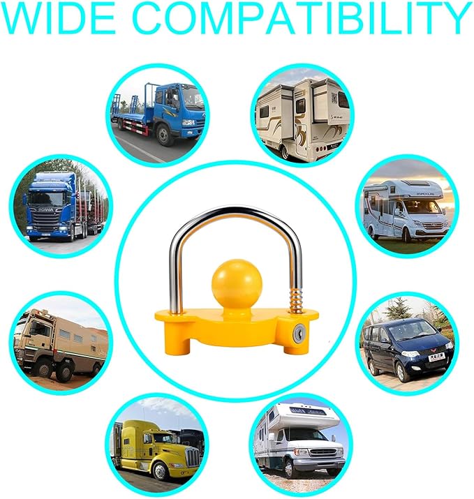 Trailer Lock Universal Hitch Lock with Keys fit 1-7/8"", 2" er, and 2-5/16" Couplers, Universal Adjustable Ball Hitch Coupler Lock(Yellow)