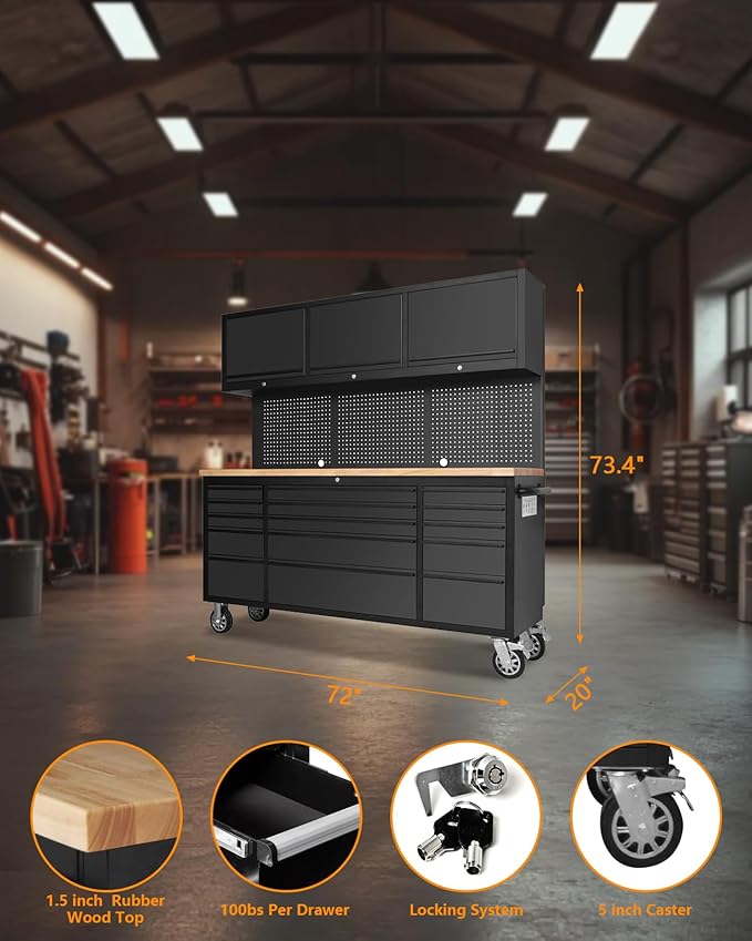 72 Inch Heavy-Duty Garage Workbench with 15 Drawers & 3 Cabinets, Steel Frame Workshop Table for Mechanics, Garage Organization, Large Tool Bench Storage with Pegboard, Black