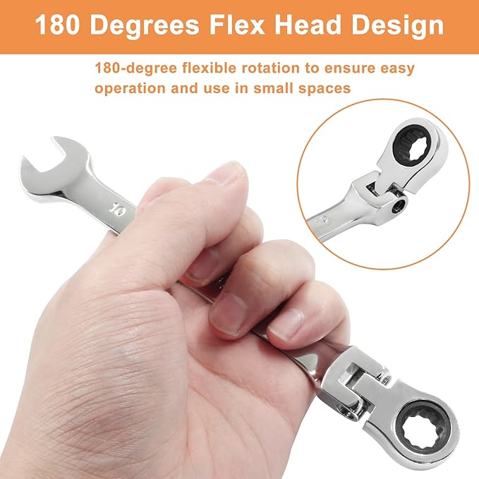 Piutouyar 10mm Flex-Head Ratcheting Wrench, Professional Metric Ratchet Wrench Combination Wrench Box Ended Spanner Tool for Projects Repair(5° Movement and 72 Teeth 12 Point, CR-V)
