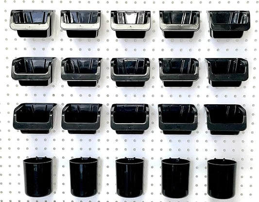 WallPeg Pegboard Bins & Cups - 15 each 5" Bins and 5 each 5" Cups - Hooks to Peg Board Panel Organize Hardware Arrange Accessories Workbench Tool Organizer Garage Storage -MADE IN USA-