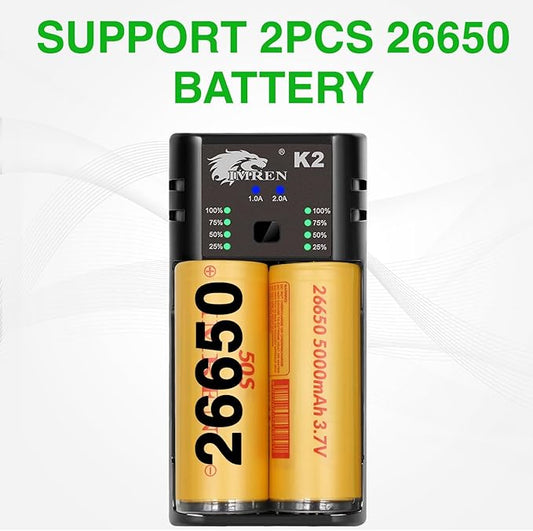 IMREN 26650 10400 Battery Charger, 3.7V Li-ion Batteries Charger for 18650 10440 14500 14650 18500 18350 18700 26650,1.2V Ni-MH/Ni-Cd Battery, 2 Bay 26650 USB C Battery Charger