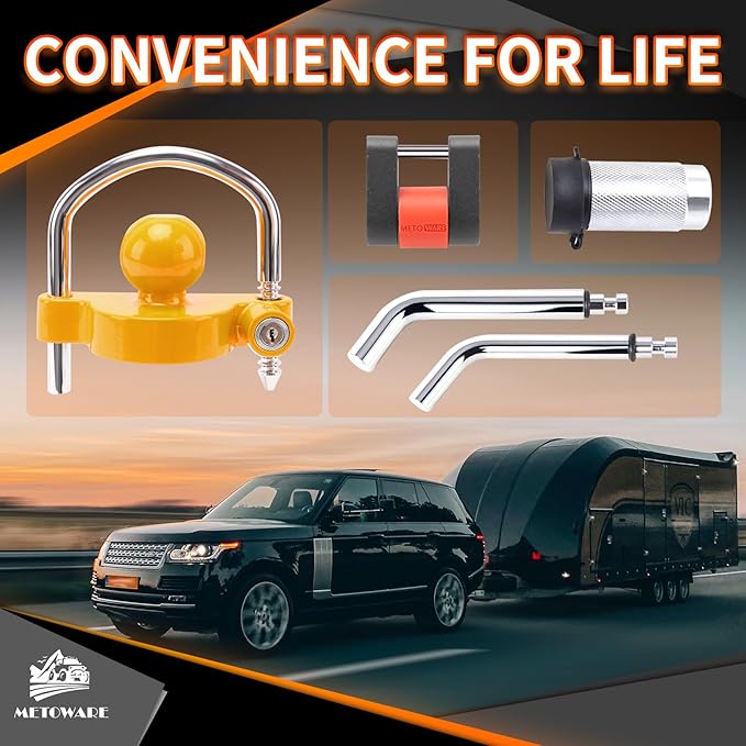METOWARE Keyed Alike Trailer Lock Set: Universal Trailer Coupler Lock, 2 Dual Bent Pin Trailer Hitch Locks (1/2" & 5/8") and Trailer Tongue Lock - 3-Piece Anti-Theft Towing Security Kit, Yellow