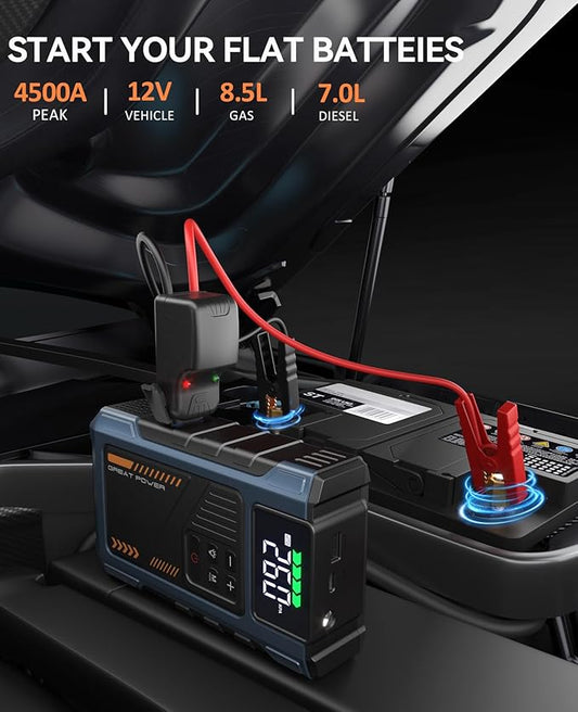 Car Battery Charger Jump Starter with Air Compressor, 4500A Jumper Box for Car Battery Portable Booster Jump Pack, 12V Jumpstart Combo 150PSI Tire Inflator Air Pump(Up to 8.5L Gas/7.0L Diesel)
