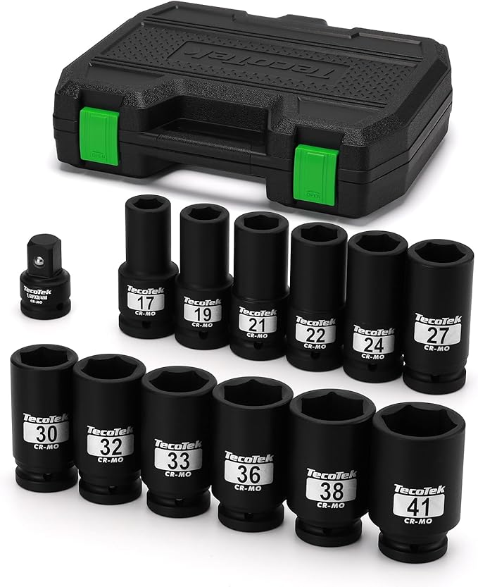 3/4" Drive Deep 6-Point Impact Socket Set, 13-Piece Jumbo Assortment, Cr-Mo, Metric (17mm to 41mm), 1/2" F to 3/4" M Impact Socket Adapter, for Large Vehicle and Apparatus Maintenance