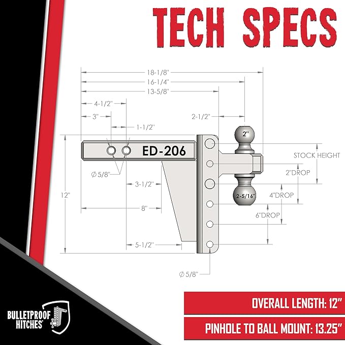 BulletProof Hitches - 2.0" Adjustable Extreme Duty Trailer Hitch (30,000 lb. Rating) - 6" Drop/Rise with 2" and 2 5/16" Dual Ball - Powder Coat, Solid Steel, Corrosion-Resistant