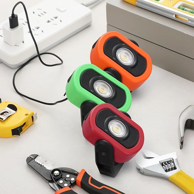 Retisee 3 Pack 780 Lumens Magnetic Work Light USB Rechargeable LED Flashlight Portable Inspection Light for Car Repair Emergency Lighting Mechanics Workshop (Red,Orange,Green-3PK)