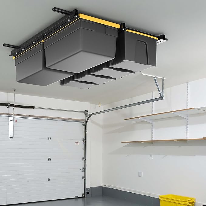 WALMANN Overhead Tote Storage Rail System, Garage Ceiling Bin Storage Rack Heavy Duty Adjustable Tote Slide Rails(Black, Bins are not Included)