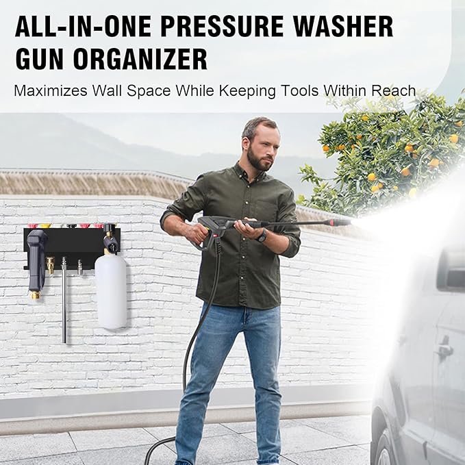 Pressure Washer Gun Holder, Wall Mounted Foam Cannon & Car Wash Accessories Storage Rack for Wand Extension and Nozzle Tips, Fits 1/4" Quick Connector, Black