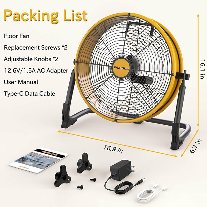 T-SUNUS 12" Rechargeable Floor Fan, 1500 CFM High Velocity Cordless Fan with 13200mAh Battery, 27H Runtime, Metal Industrial Fan, 360° Tilt, AC Charger for Camping, RV, Garage & Emergency