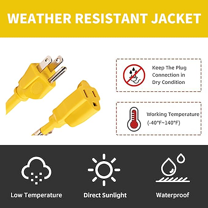 Indoor Outdoor Extension Cord Weatherproof, UL Certified, 12 Gauge 10FT Yellow 3 Prong Heavy Duty, 12/3 SJTW 15A Power Cord for Outdoor Lights, Appliances, Lawn
