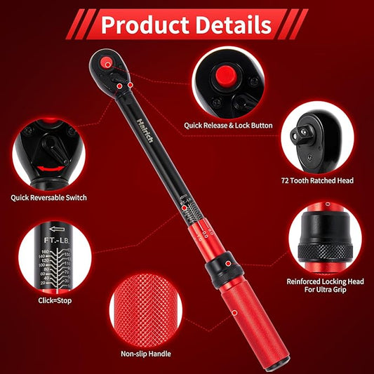 1/2 Inch Drive Click Torque Wrench, Dual-direction Torque Wrench 10-170.0ft.lb/13.60-230.5Nm, 72-tooth Torque Wrenches with Dual Range Scales, ±3% High Precision For Bike