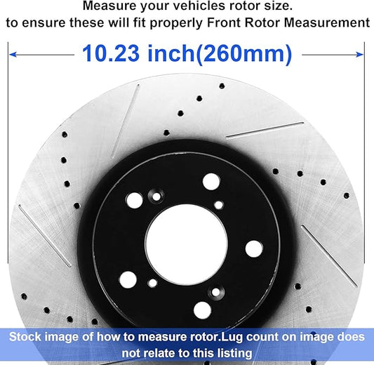 10.23 inch Rear Brake Rotors Kit for 2003-2007 Honda Accord, 2004-2008 Acura TSX Drilled and Slotted E-Coating Solid Brake Rotors and Ceramic Brakes Pads